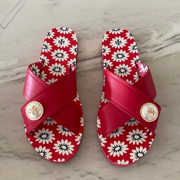 Tory Burch Shoes - Tory Burch red slide on sandals with brooch